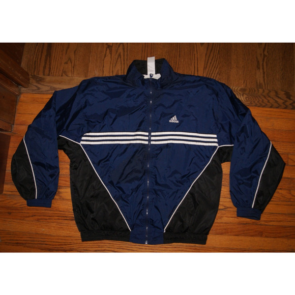 Vintage Y2K Adidas Team Windbreaker Zip Up Jacket Black Blue White 3 Stripe - Picture 1 of 9